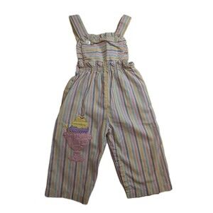Vintage 80s Tiny Tots Pink Yellow Striped Overalls Ice Cream Cone Size 18 Months